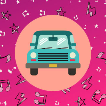 Car image with stars and musical notes in the background.