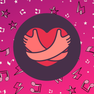 Hugging heart image with stars and musical notes in the background.