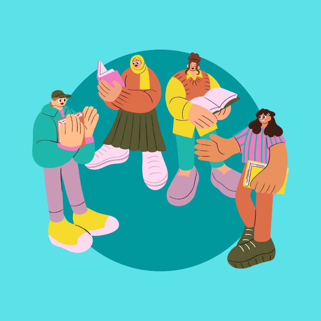 people reading on a teal background