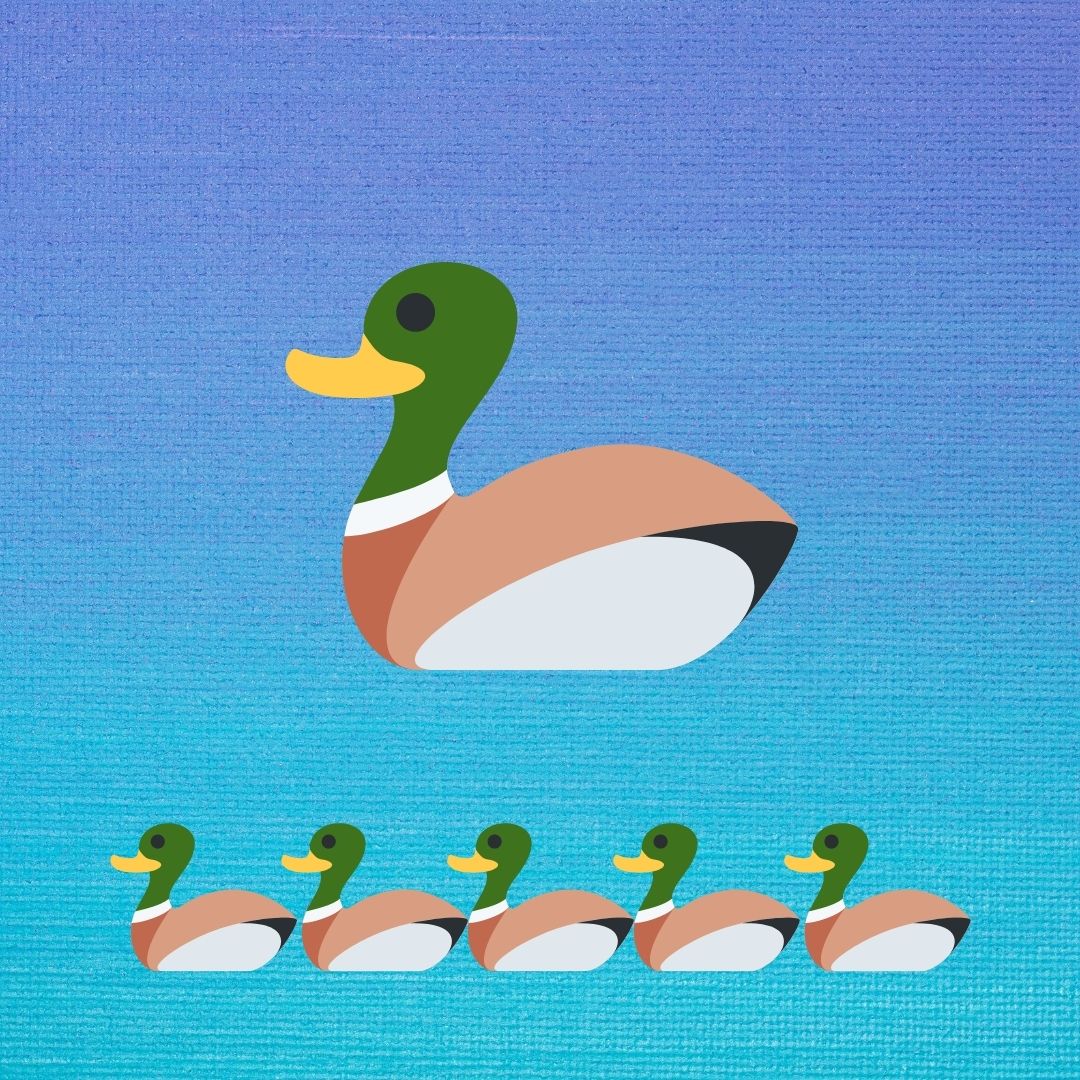 Mommy duck and five little ducks on blue background