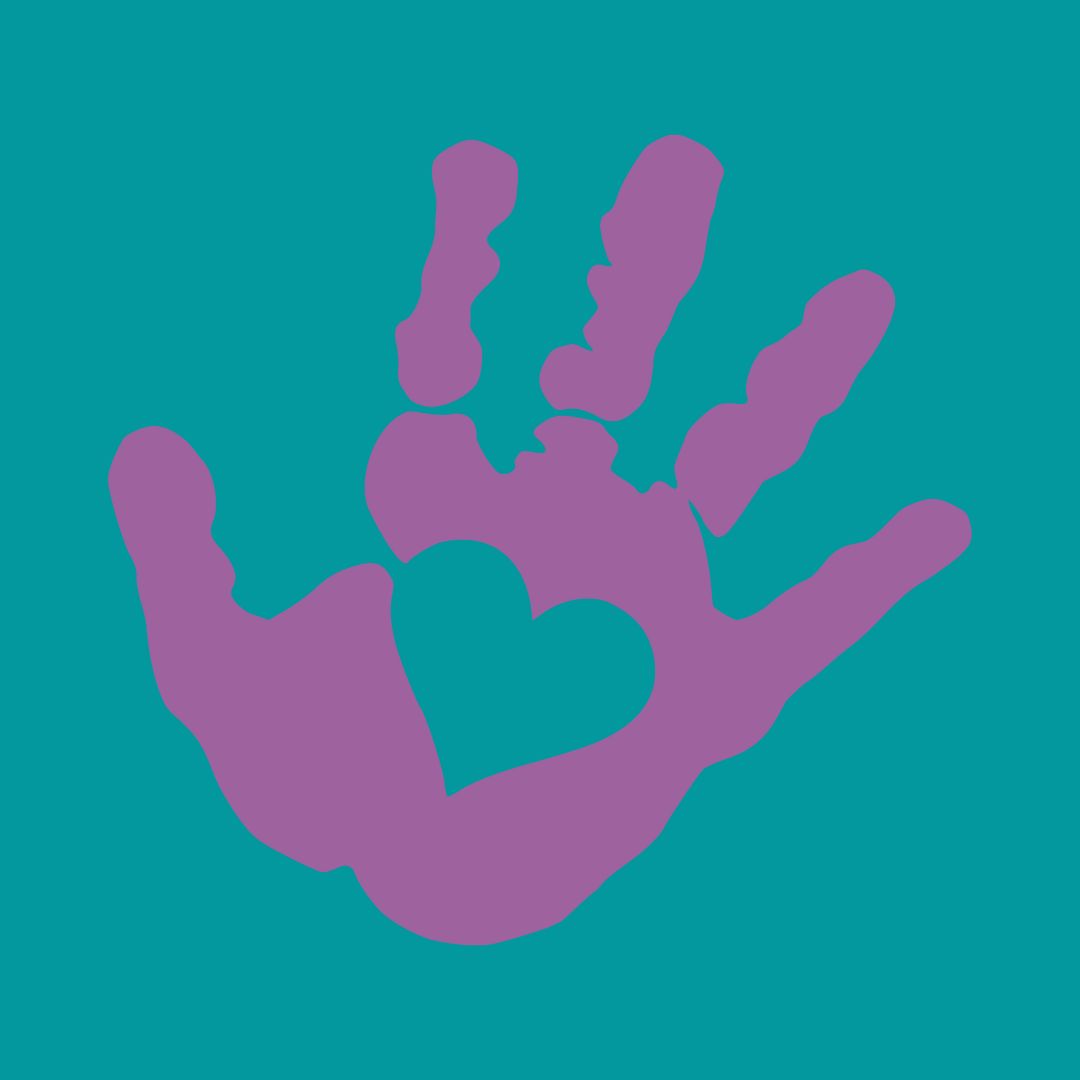 purple handprint with teal heart