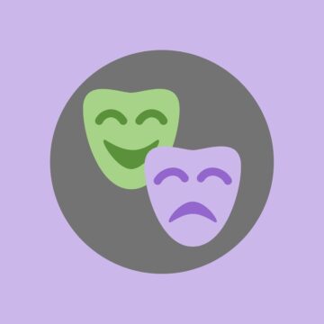 Greek tragedy and comedy masks, in a cartoon style. 