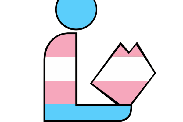 Transgender Pride flag in a library logo.