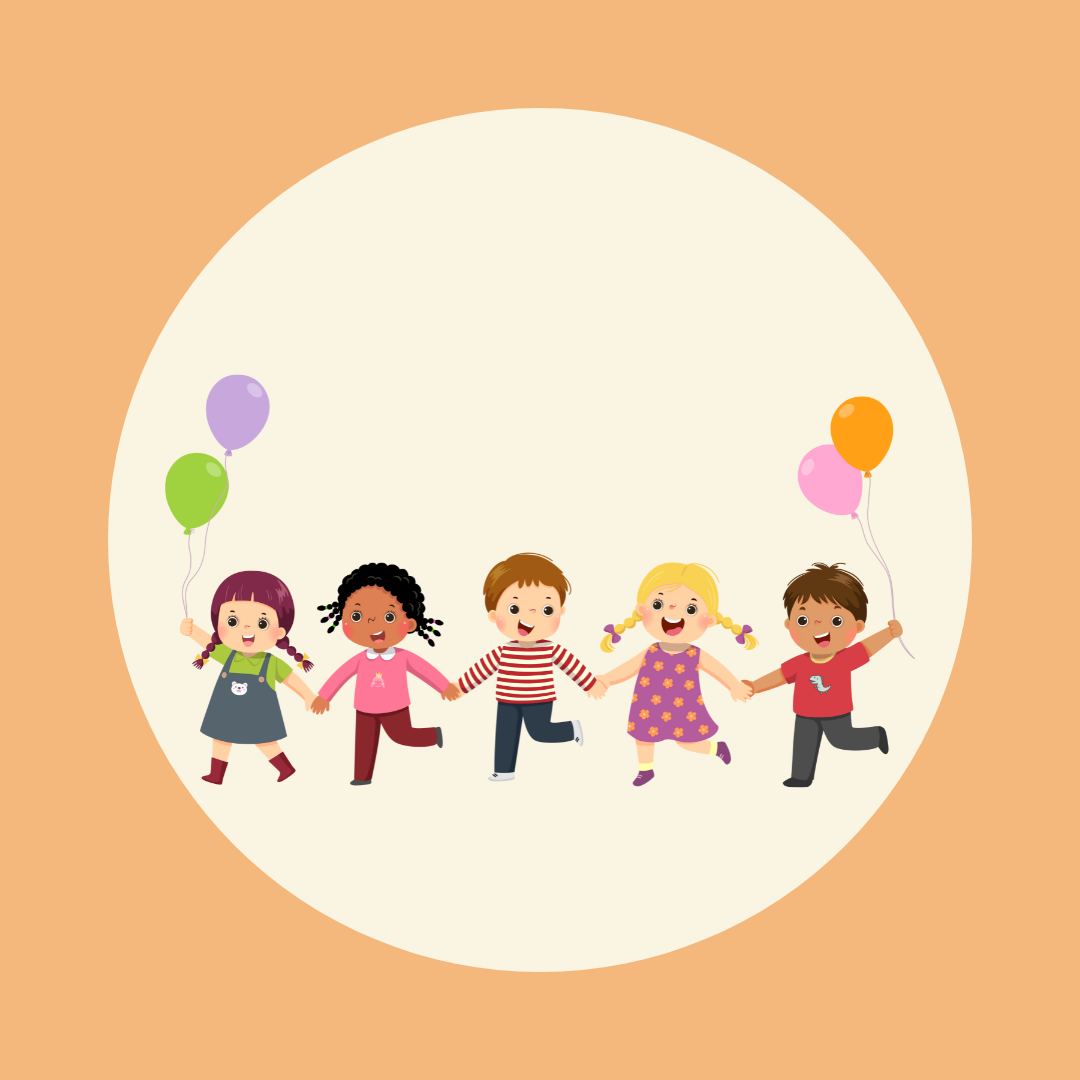Five children hold hands and play together. Two children hold balloons.
